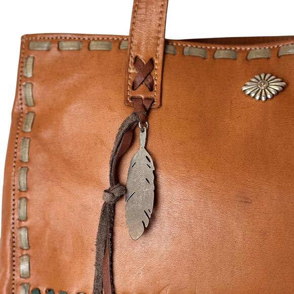 American West Genuine Leather Tote Shoulder Bag Womens Brown Feather Charms Boho - Picture 7 of 15